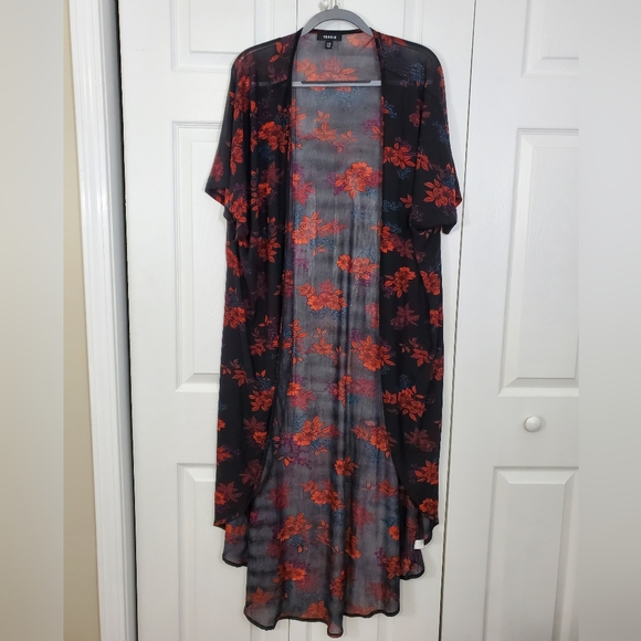 torrid Tops - Torrid Curve Full Length Kimono Long Duster 1/2X Black Fall Floral Sheer Chiffon